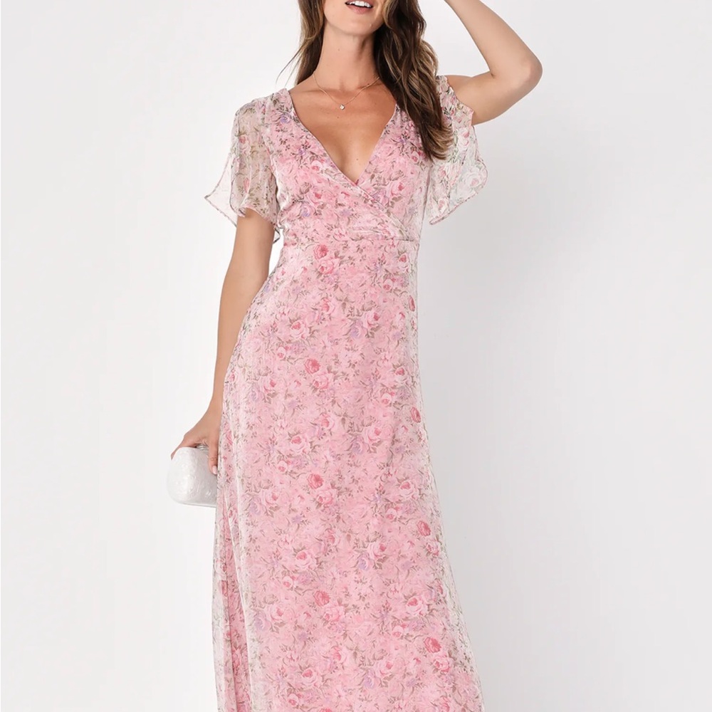 Lulus Dreamiest Desires Pink Floral Flutter Sleeve Organza Maxi Dress